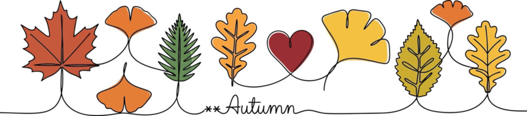 Obraz premium Autumn leaves border illustration, hand-drawn fall foliage, colorful maple, oak, ginkgo leaves, whimsical seasonal decoration, horizontal vector, cozy autumn header, fall banner, decorative nature