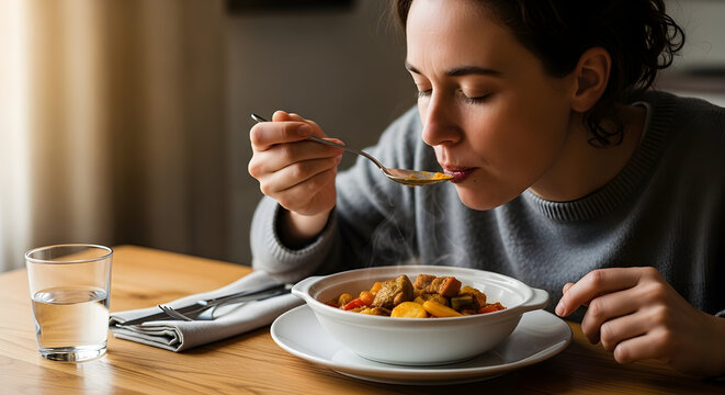 Person savoring delicious food with eyes closed expressing sensory pleasure, taste enjoyment and mindful eating. Concept tasting.