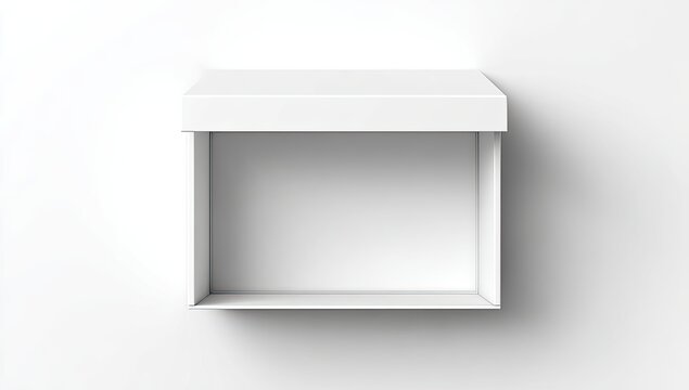 Minimalist white open box with lid partially on, isolated on white