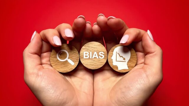 Hands holding wooden coins with icons representing bias, analysis, and negative trends, illustrating prejudice and its consequences.