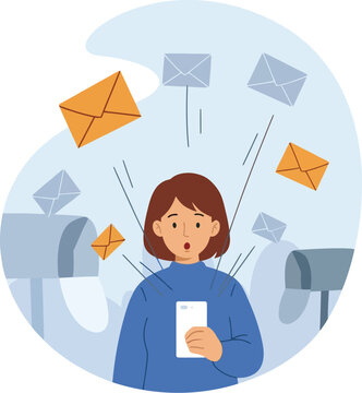 Overwhelmed woman receives excessive email notifications while looking at her smartphone screen