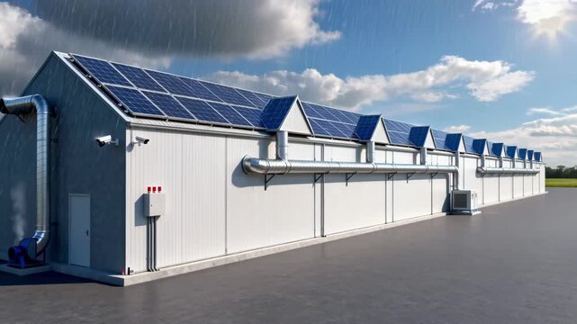 Medium shot of a hybrid drying tunnel integrating solar roof collectors during variable weather preheating airflow effectively for sustainable drying performance.