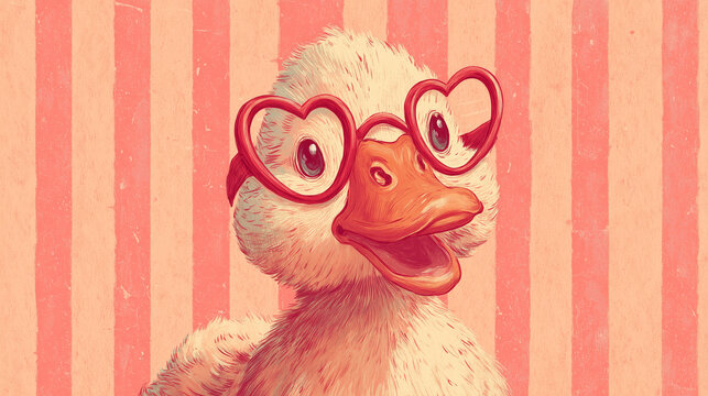 Vintage children illustration of cute duck wearing heart shaped glasses on striped pastel background, playful romantic character art for valentine greeting cards posters and nursery decor
