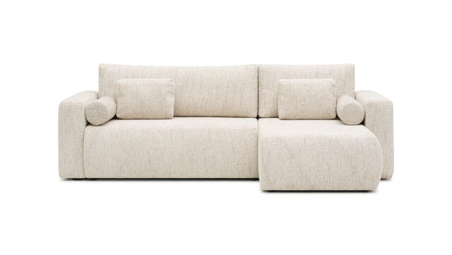 Light beige fabric sectional sofa with cylindrical and square throw pillows on a white background