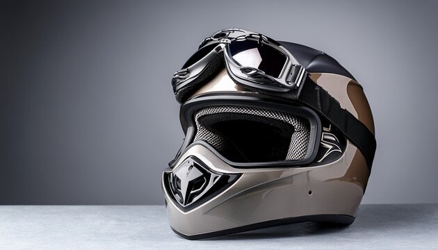 adventure motorcycle helmet with mx goggles in a grey studio background