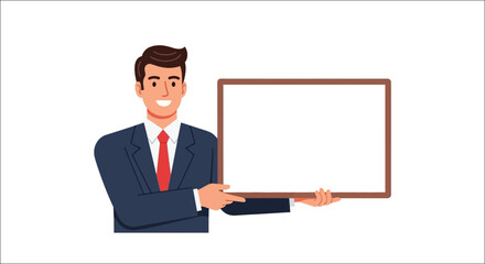 A smiling businessman presenting a blank whiteboard with placeholder text