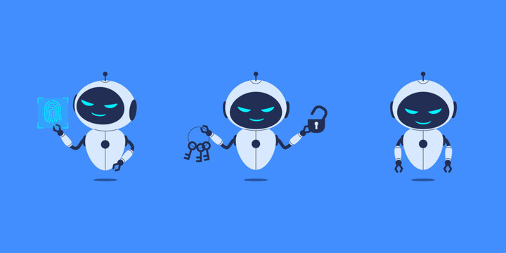 Minimalist robot set cybersecurity icons collection. Vector illustration for tech articles, presentations, security blogs