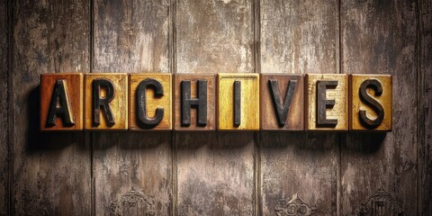 Naklejka premium The Archives Word Composed From Vintage Letterpress Blocks On Rustic Wooden Background