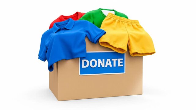 A brown donate box with colorful clothes on a white background