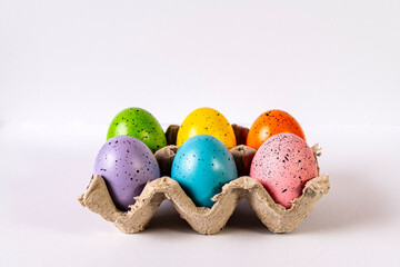 six colored Easter eggs in cardboard holder on white background
