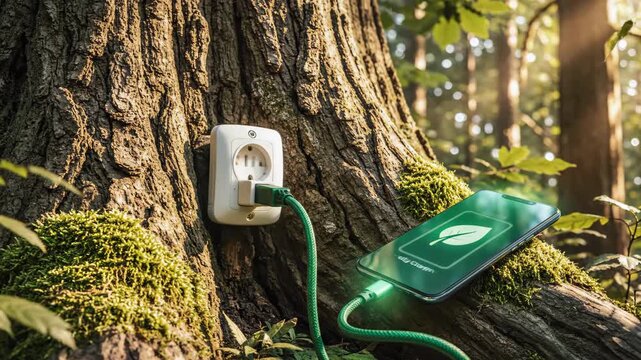 Smartphone charging with green energy from tree in forest