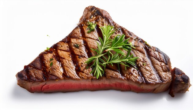 a perfectly grilled triangular steak with visible grill marks and garnished with herbs isolated on a white background