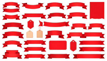 A collection of red ribbons and tags on a black background