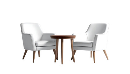 A modern living room setup with two white chairs and a small wooden table on a black background