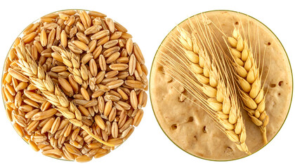 A close-up view of wheat grains and wheat ears on a black background