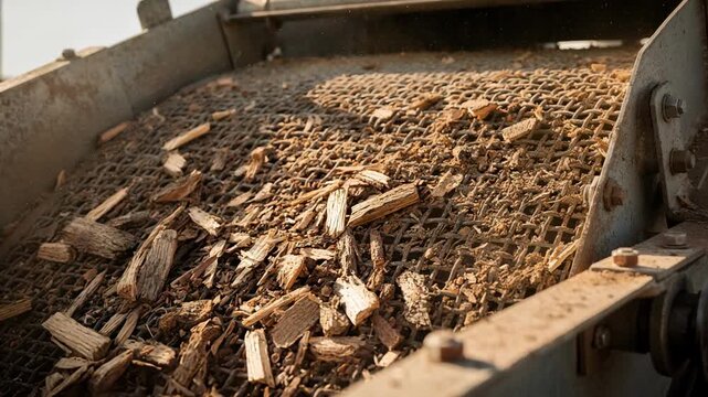 Close medium shot capturing coarse mesh vibrating screens sorting larger wood chips with visible movement and dust in an open screening system under natural light.