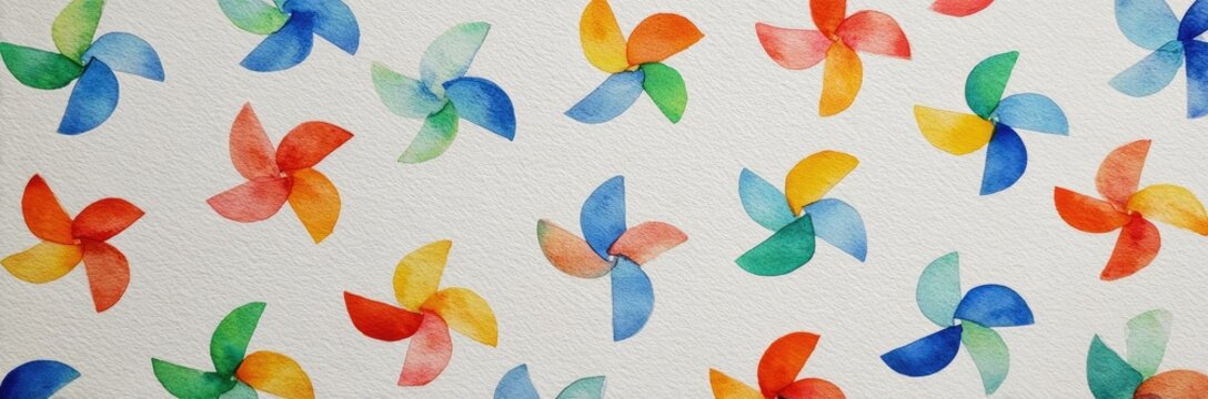 Watercolor pinwheels in various bright colors arranged in a repeating pattern