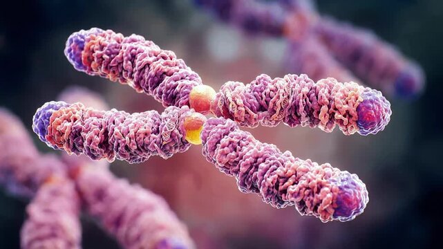 Chromosome condensing and aligning during cell division with centromere region visible in a microscopic view