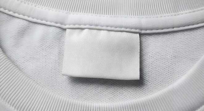 Blank white satin clothing tag sewn onto the neckline of a soft white fabric garment showing textured knit material detail and stitching construction up close.