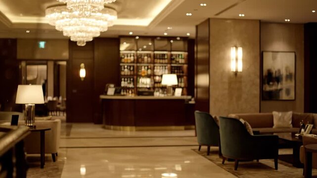 Opulent interior of a five star hotel lounge with a bar in the background. Cinematic sequence showing a focus pull from beautiful bokeh lights to the elegant seating area