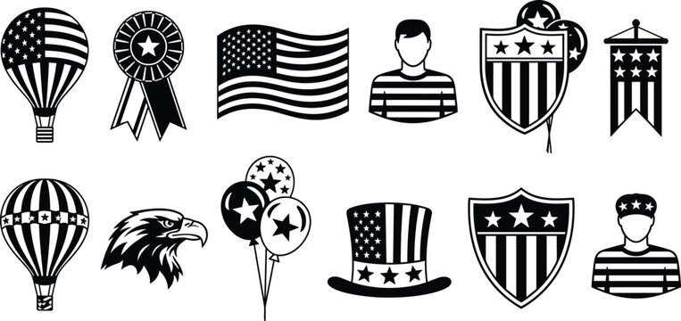 American, Patriotic, Icon, Set, Featuring, USA, Flag, Eagle, Uncle, Sam, Hat, Balloons, Shield, Ribbon, Black, and, White, Independence, Day, Vector