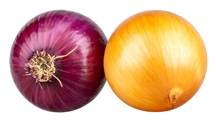 A vibrant red onion and a yellow onion sit side by side on a black background