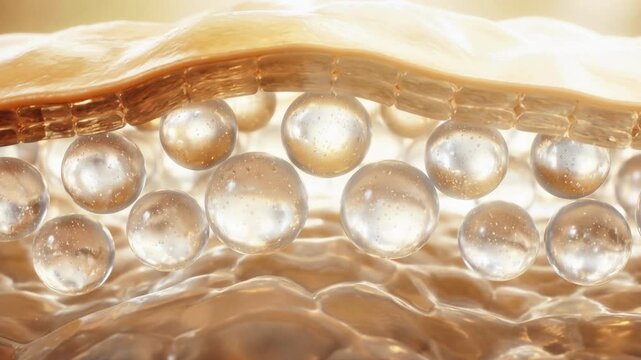 Golden serum bubbles glide beneath a translucent liquid surface in a close-up cosmetic skincare scene