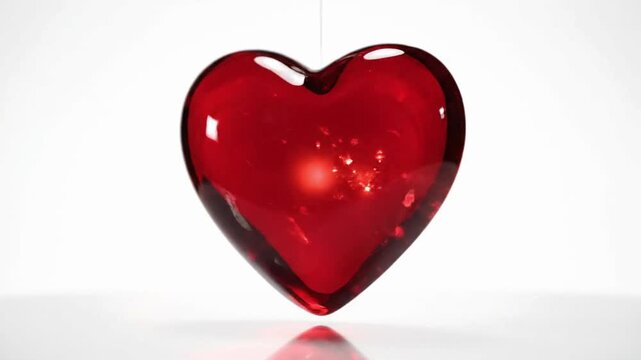 Red glass heart hanging in studio display with simple background and clear lighting