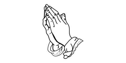 Black outline of praying hands on white background
