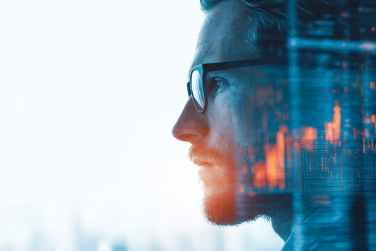 Profile of a man wearing glasses contemplating digital data and stock market graphs with futuristic blue and orange light effects in a modern technology concept