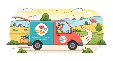 A colorful toy truck with a heart on its side driving through a picturesque countryside