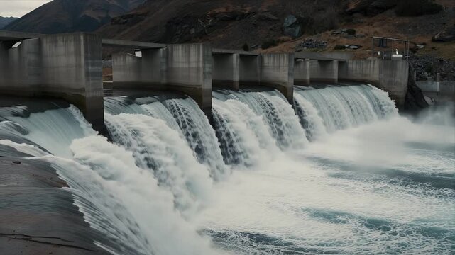 Powerful Water Cascading Through Concrete Dam Gates In Mountainous Terrain Captured In Dynamic Real-Time Footage