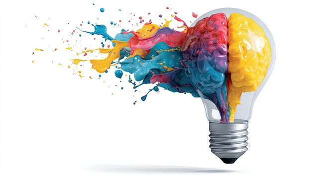 Vibrant paint explodes from a lightbulb shaped like a colorful brain