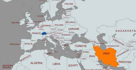 Strategic Map Highlighting Iran  Switzerland Within Europe and Middle East © habib billah