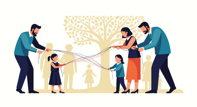 Parents in a custody battle pull on tangled strings held by their daughters, a metaphor for the conflict and emotional strain of divorce on a family.