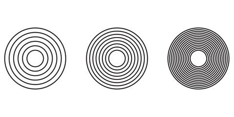 Black concentric circle set. Sonar or sound wave ring collection. Dotted and linear epicentre, target, radar icon concept. Ripple radial signal or vibration elements.