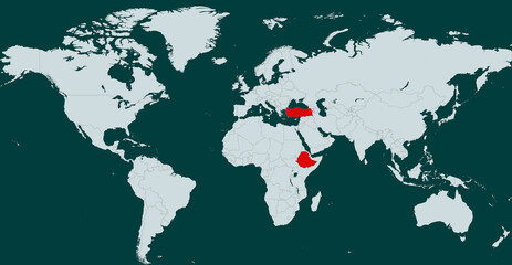 World Map Highlighting T&uuml;rkiye and Ethiopia Strategic Locations and Regional Geographical Context