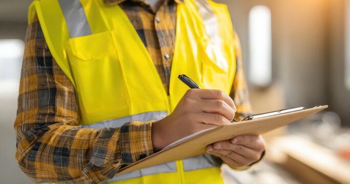 The construction worker in yellow safety vest making notes on a clipboard