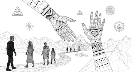 Obraz premium Abstract low-poly illustration shows giant helping hands with geometric patterns guiding people on a journey through a mountain pass.