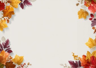 Autumn leaves in vibrant reds, oranges, and yellows frame a blank space