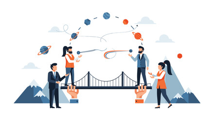 Fototapeta premium Business partners collaborate on a bridge supported by giant hands, juggling planets to symbolize global management and teamwork.