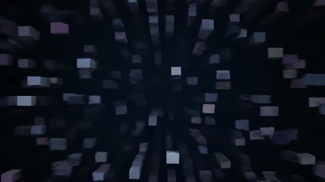 Abstract wall of digital blocks exploding outwards from the center. Futuristic technology background representing data fragmentation and system breach concepts