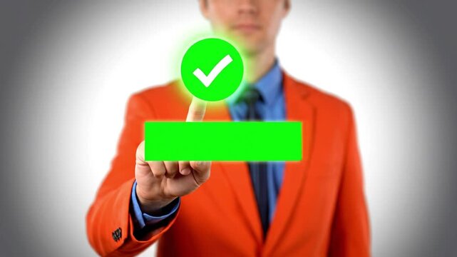 Man in Bright Orange Suit Tapping Virtual Screen, Activating 'PROACTIVE' Text with Checkmark in Green Digital Interface for Business Strategy