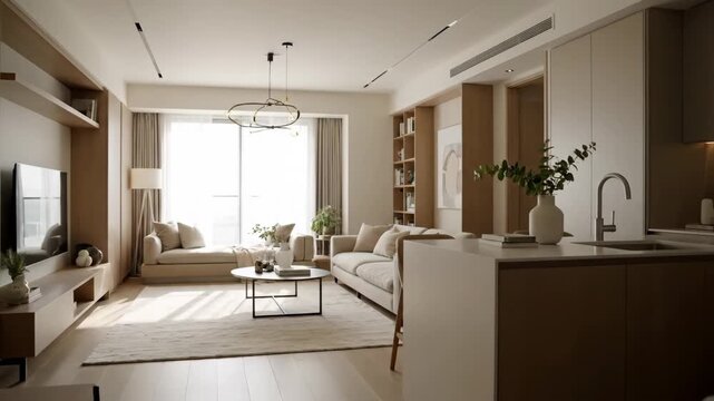 Walkthrough sequence of a bright modern apartment with an open concept living room and kitchen. Stylish home interior featuring minimalist decor and wooden furniture