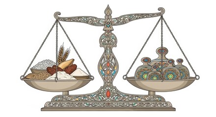 A beautifully ornate balance scale with intricate designs and two distinct objects on each side