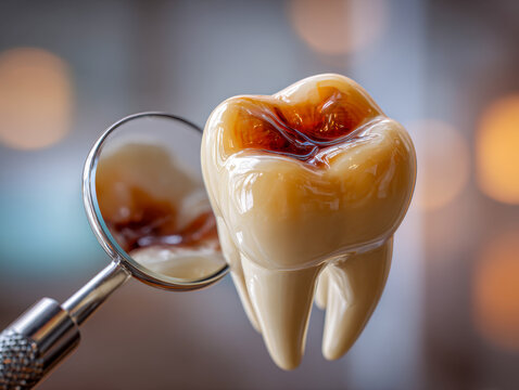 Detailed dental model showcasing a molar tooth with severe decay and a dentist's tool reflecting enamel cavities under bright examination lighting