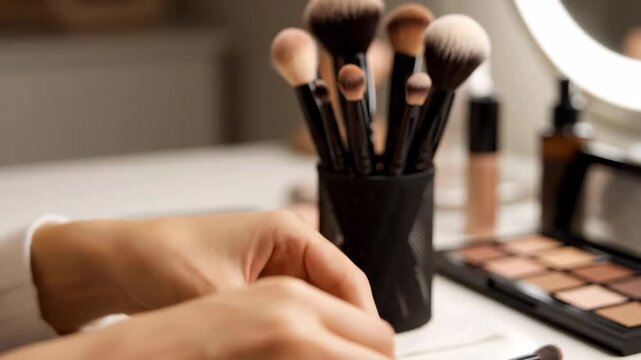 Sequence of a woman's hands opening black liquid eyeliner at a vanity. Professional makeup artist preparing for a beauty application with cosmetic brushes and an eyeshadow palette