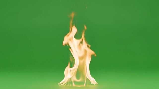 Capturing the dynamic movement and vibrant energy of a controlled flame against a clean, solid green backdrop, perfect for visual effects and digital compositing