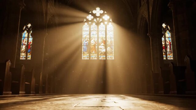 Sunlight streams through a stained glass window in an old gothic cathedral. Dramatic light rays illuminate the empty pews and stone floor creating a spiritual atmosphere