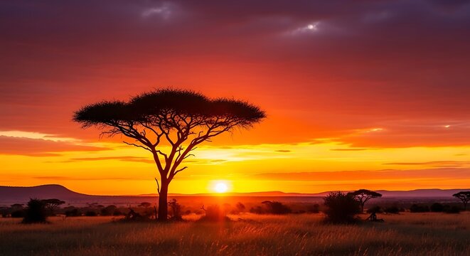 Acacia tree at African savannah sunset.